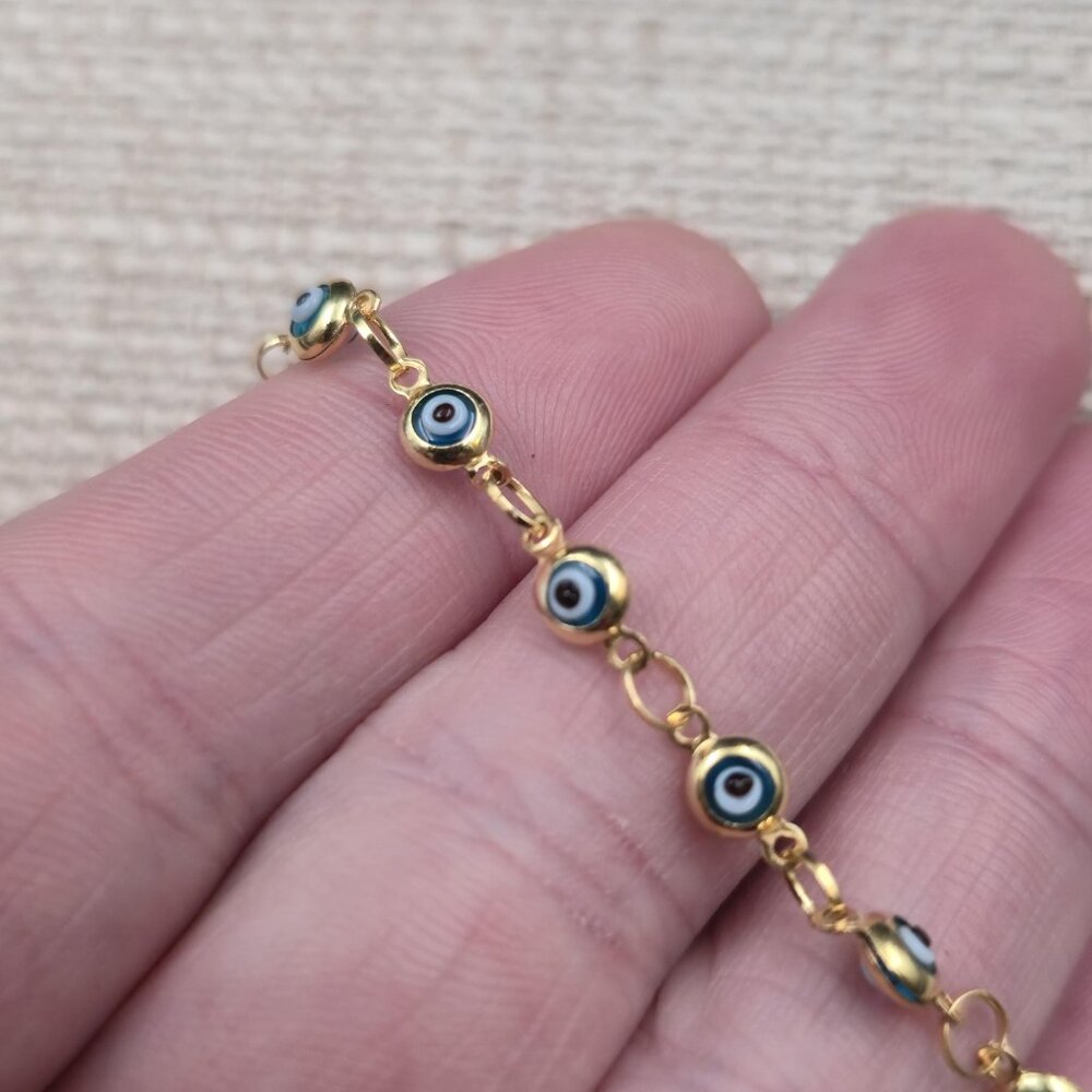7.5 Inch Gold Over Sterling Silver Evil Eye Nazar Chain Bracelet A7304 - Picture 4 of 7